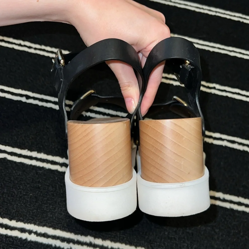 Stella McCartney Black White Elyse Wedge Wood Platform Buckle Sandals